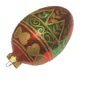 Festive Red and Green Ornament with Gold Accents Egg Shaped